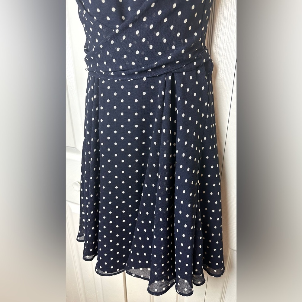 JOSEPH RIBKOFF Polka Dot Dress Navy Blue White Fit & Flare Wrap Tie Bow Waist - Picture 5 of 11